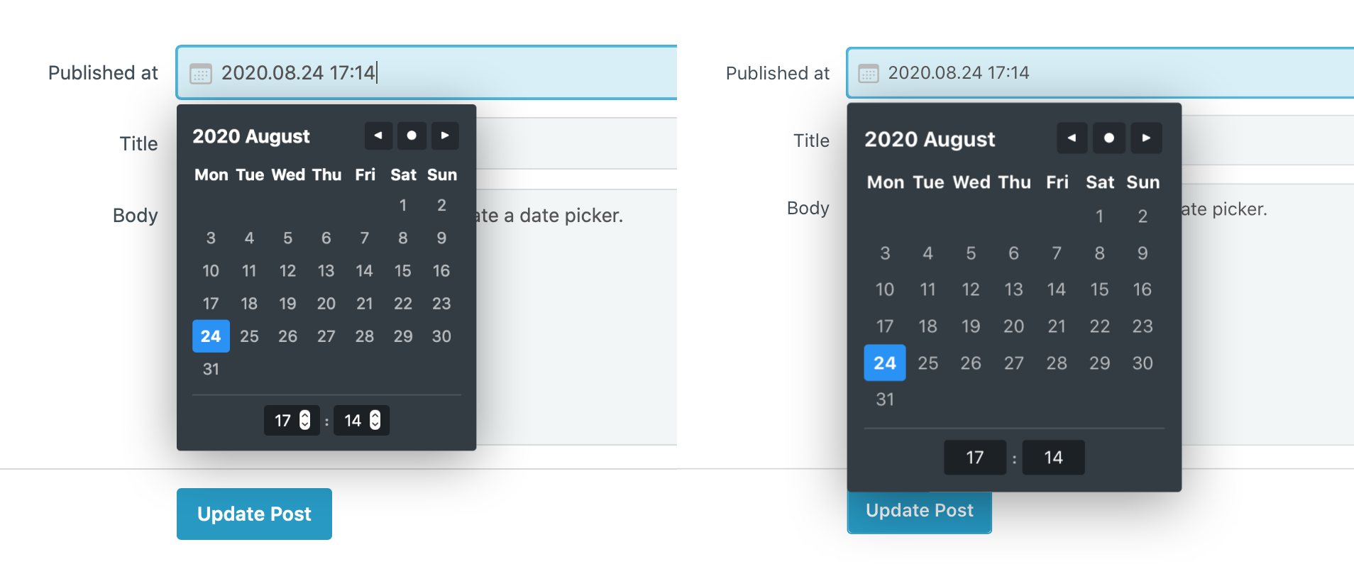 Comparison of the date picker scaling: macOS on the left and iPadOS on the right.